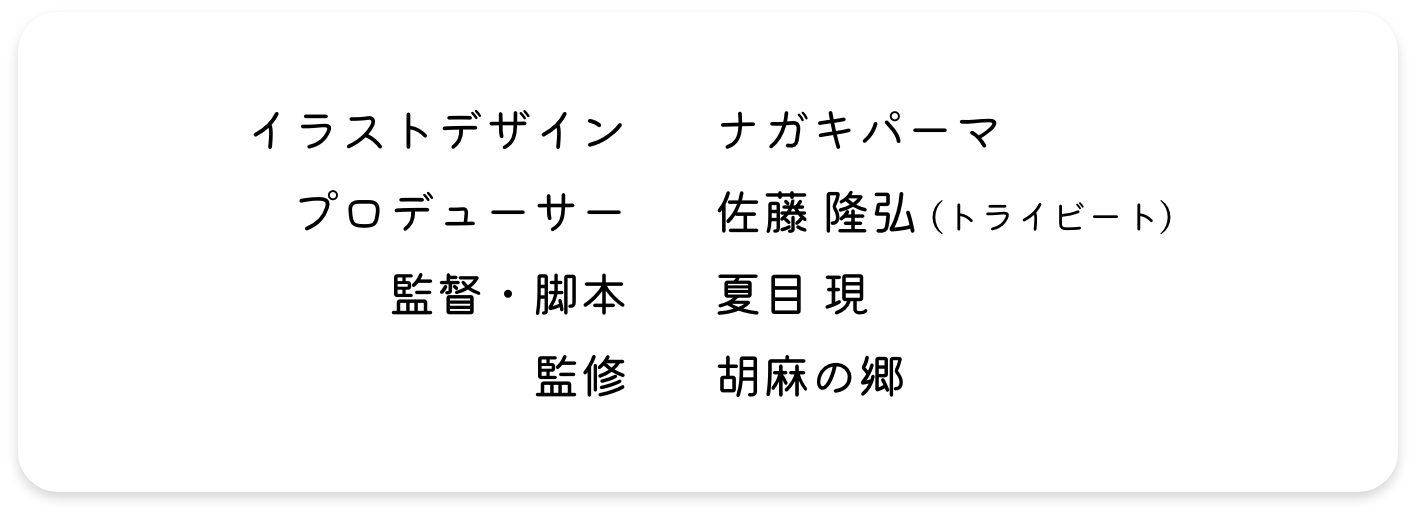 イラストデザイン ナガキパーマ プロデューサー 佐藤 隆弘 (トライビート) 監督・脚本 夏目 現監修 胡麻の郷