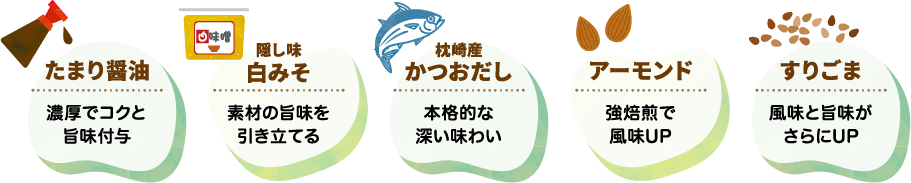 たまり醤油。隠し味の白味噌。枕崎産かつおだし。アーモンド。すりごま。