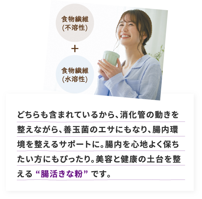 どちらも含まれているから、消化管の動きを整えながら、善玉菌のエサにもなり、腸内環境を整えるサポートに。腸内を心地よく保ちたい方にもぴったり。美容と健康の土台を整える “腸活きな粉” です。