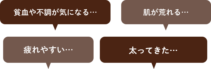 貧血や体調が気になる…、肌が荒れる…、疲れやすい…、太ってきた…