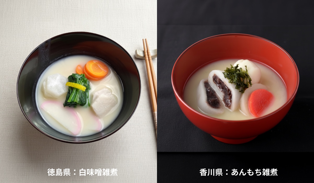 白味噌雑煮、あんもち雑